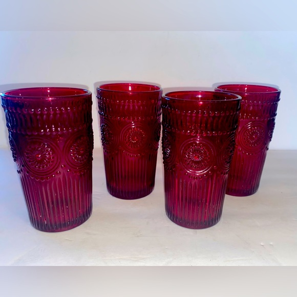Rare Retired Pioneer Woman 4 Red Adeline Embossed glass Tumblers - Picture 1 of 7